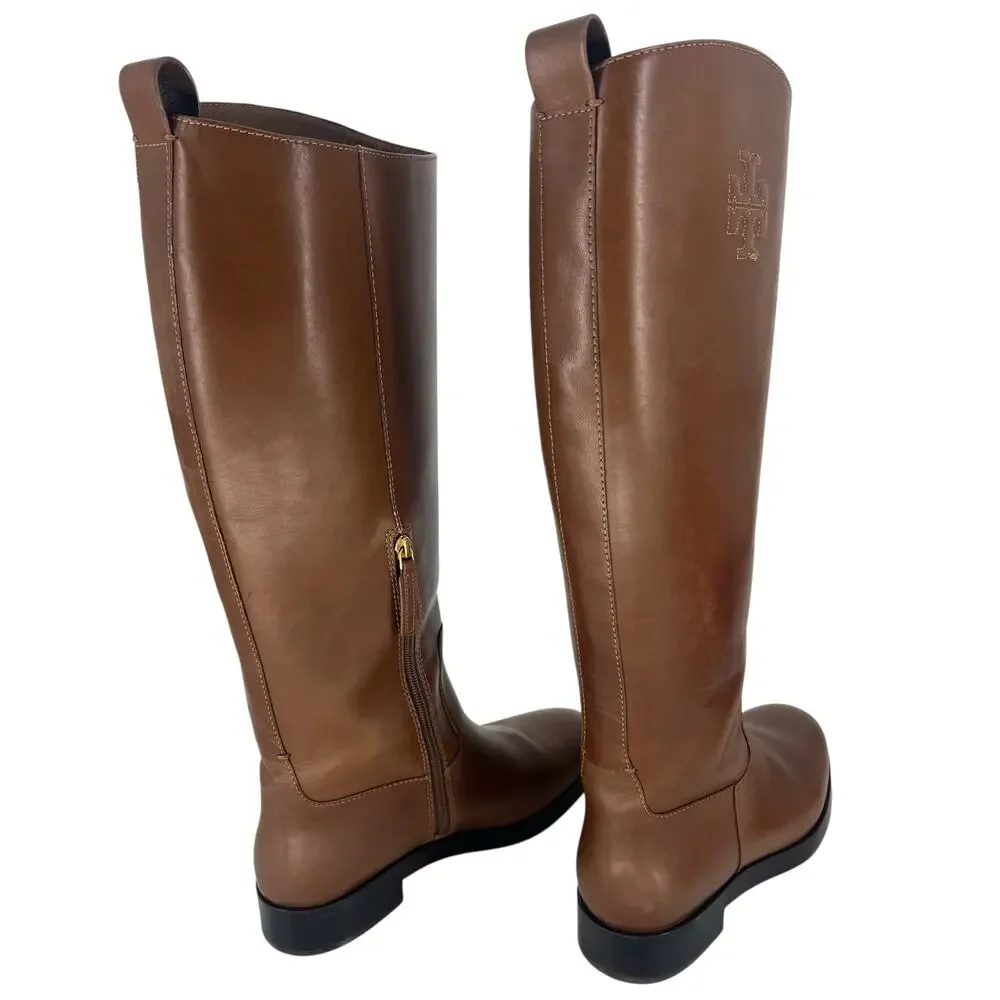 Tory Burch Riding‎ Logo Embossed Leather Knee High Boots Brown 10.5